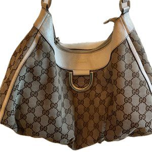 Vintage Gucci Canvas D-Ring Hobo White Trim Abbey Shoulder Bag